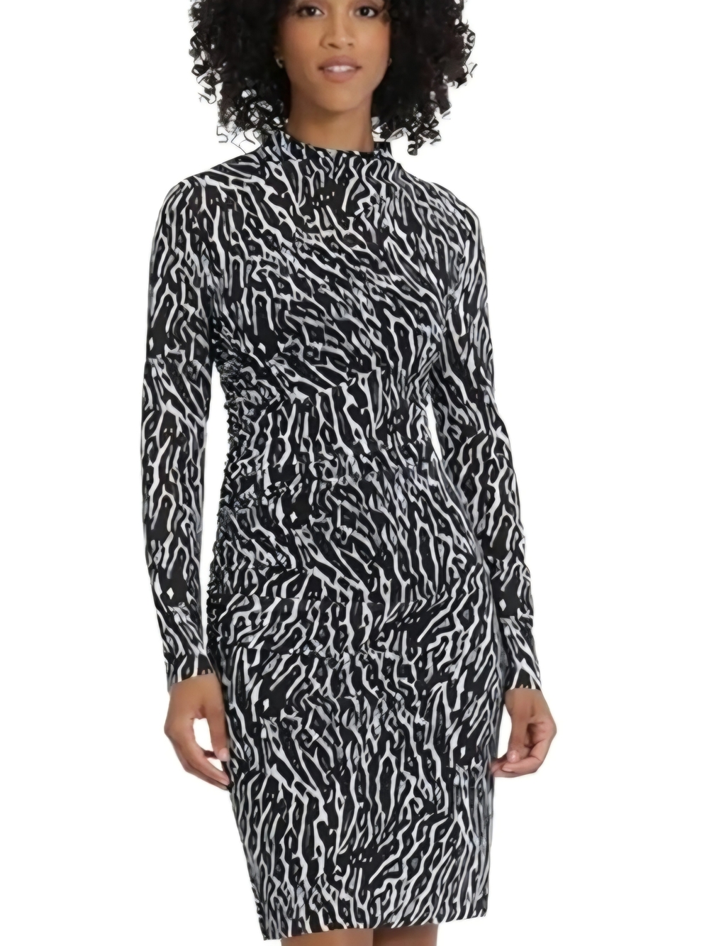 Maggy London Black and White Long Sleeve Mock Neck Dress